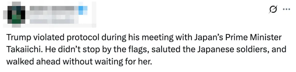 A tweet claims Trump violated protocol by not waiting for Japan's Prime Minister and skipping saluting soldiers during a meeting