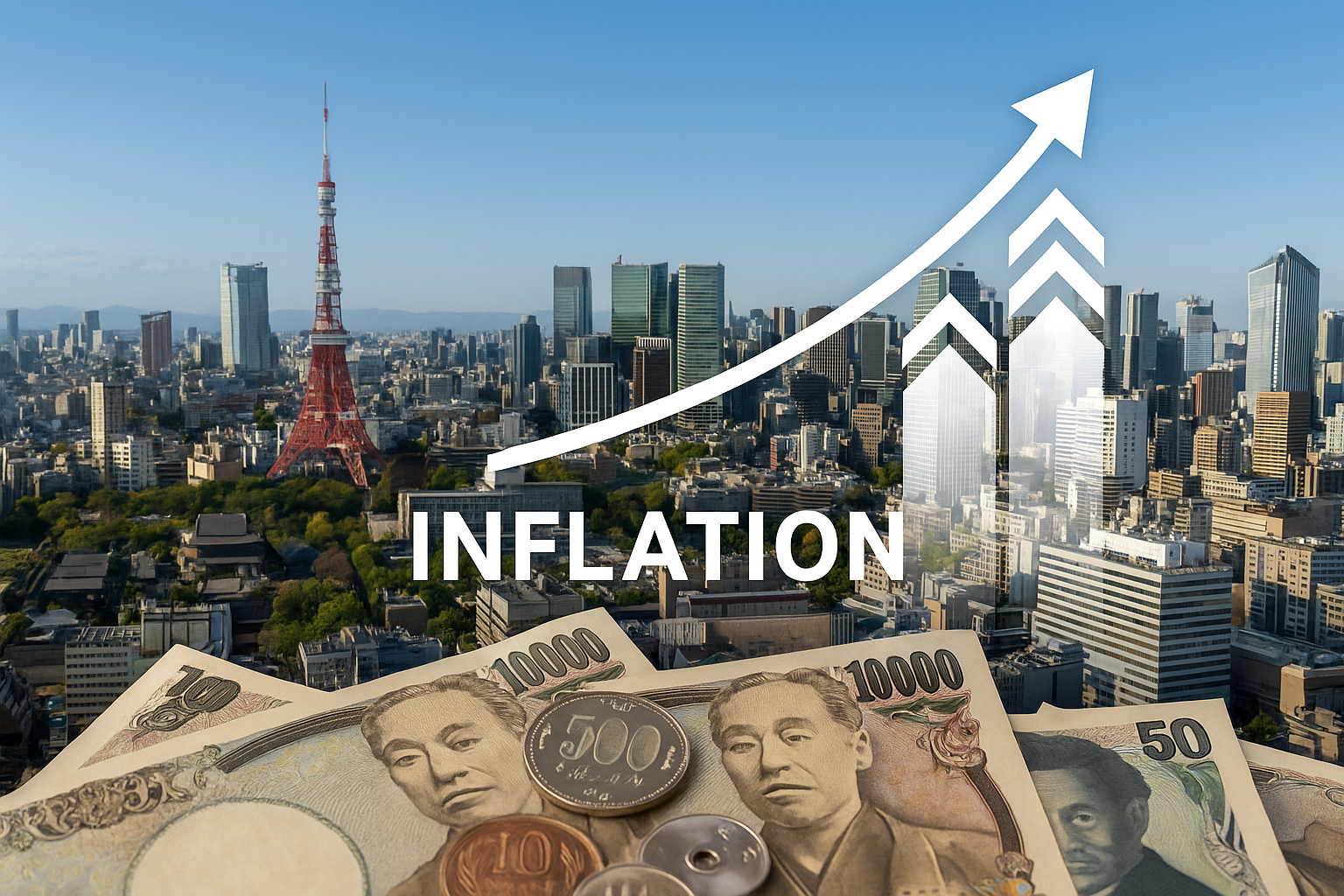 Japanese skyline with the words inflation with an upward arrow