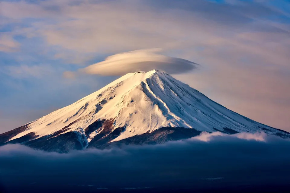 close up of dramatic mt. fuji mountain at sunrise, japan