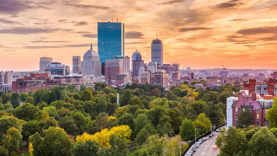 Boston, Massachusetts, USA downtown skyline over the park.