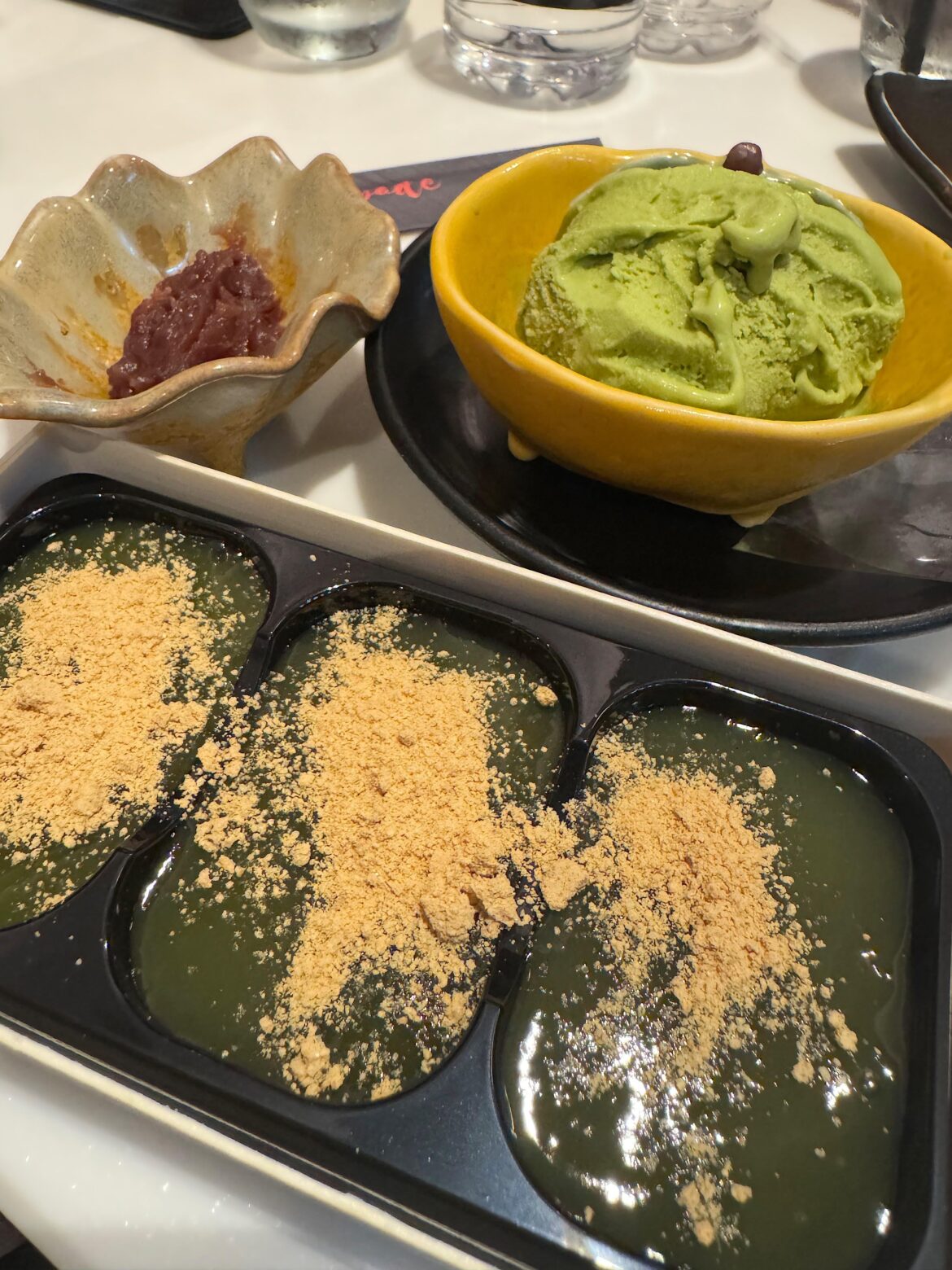 Warabimochi, matcha icecream with redbean