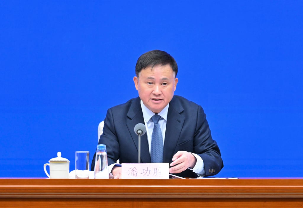 Pan Gongsheng, governor of the People’s Bank of China, speaks at a press conference held by the State Council Information Office during the 14th Five-Year Plan period last month in Beijing. Photo: Xinhua