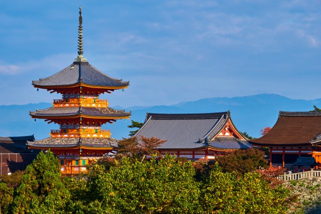 Kiyomizu-dera temple in Kyoto, Japan, on a bright sunny day.