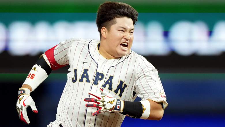 MIAMI, FLORIDA - MARCH 20: Munetaka Murakami #55 of Team Japan celebrates after hitting a two-run double to defeat Team Mexico 6-5 in the World Baseball Classic Semifinals at loanDepot park on March 20, 2023 in Miami, Florida. (Photo by Eric Espada/Getty Images)