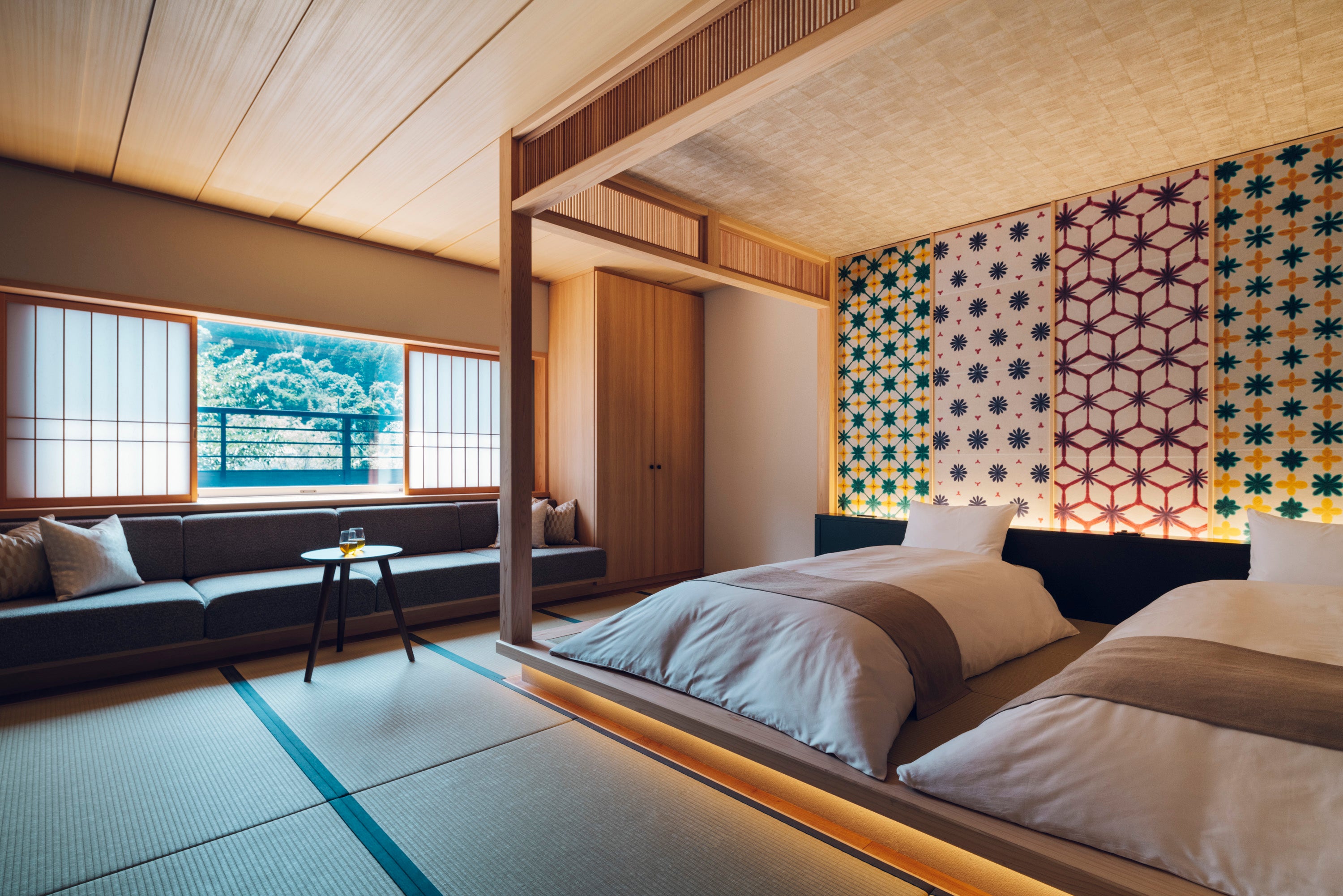 Tokuji Washi paper decorates the walls in KAI Nagato rooms