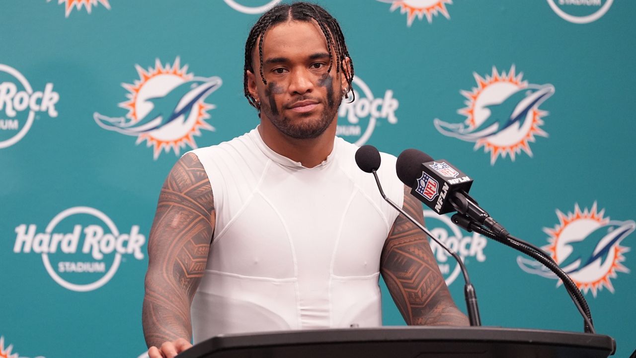 Miami Dolphins quarterback Tua Tagovailoa spoke at a news conference after the Los Angeles Chargers defeated the Dolphins 29-27 on Sunday. (AP Photo/Rebecca Blackwell)