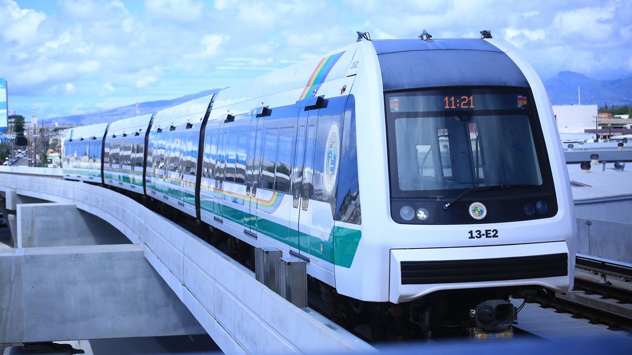 An automated rail car heading eastbound toward the Lagoon Drive station as part of Skyline Segment 2 that will debut to public ridership on Oct. 16. (Spectrum News/Brian McInnis)
