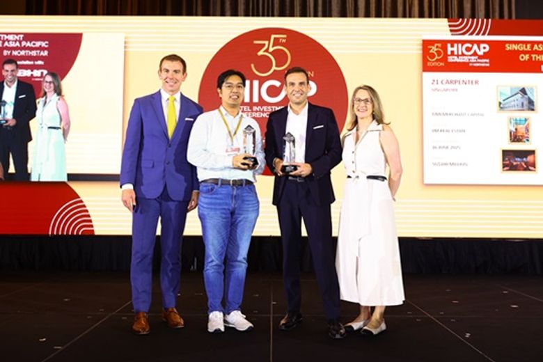Single Asset Transaction of the Year Award (l. to r.): Jonathon Zink, The BHN Group by Northstar; Edward Kusma, Harmoni Bali (representing 21 Carpenter); Kieran Bestall, Ares Management Corp. (representing The Standard Maldives); Dora Stilianos, Baker McKenzie Single Asset Transaction of the Year Award (l. to r.): Jonathon Zink, The BHN Group by Northstar; Edward Kusma, Harmoni Bali (representing 21 Carpenter); Kieran Bestall, Ares Management Corp. (representing The Standard Maldives); Dora Stilianos, Baker McKenzie