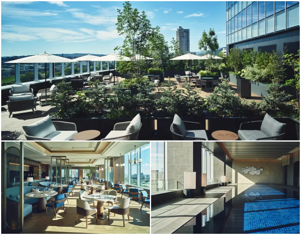 Collage of InterContinental Sapporo amenities in Hokkaido, Japan, showing outdoor terrace with seating, modern dining restaurant, and indoor heated pool