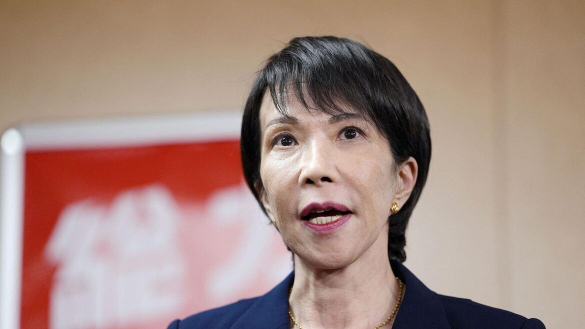 Japan's Liberal Democratic Party newly elected chief Sanae Takaichi speaks to media after a meeting with Japan's Komeito party leader Tetsuo Saito, at the party headquarters, in Tokyo, Japan October