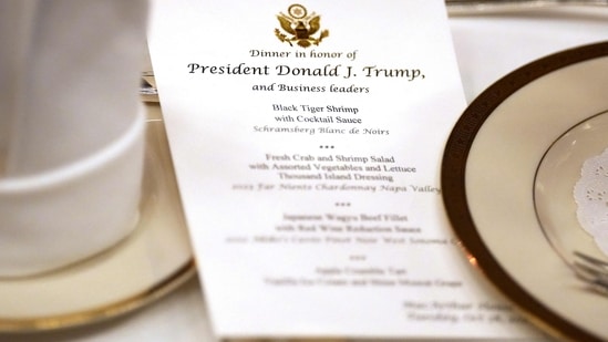  Detail of the dinner menu during a meeting between U.S. President Donald Trump and business leaders at the U.S. Ambassador's Residence on October 28, 2025 in Tokyo, Japan.(Getty Images via AFP)