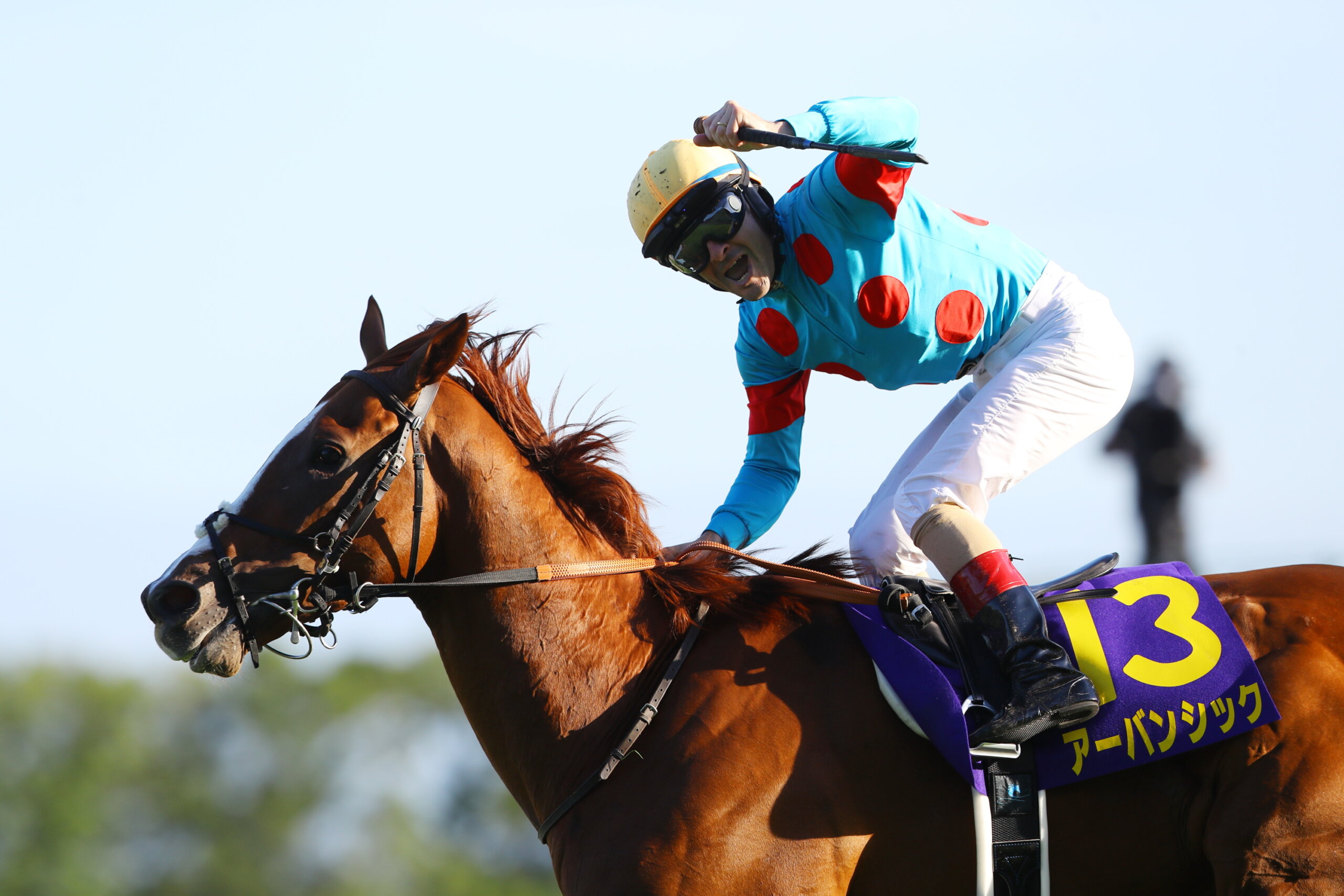 Christophe celebrating his Kikuka Sho win aboard Urban Chic