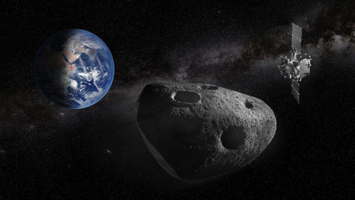 An illustration showing a spacecraft to the right of a rocky asteroid in the foreground with the Earth in the left background