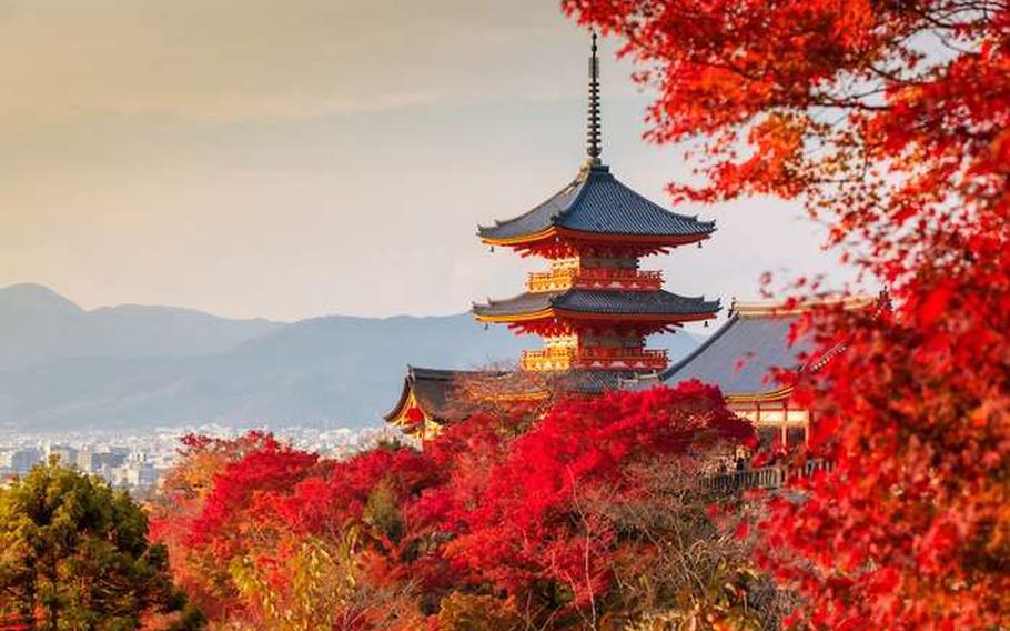 temple and fall foliage