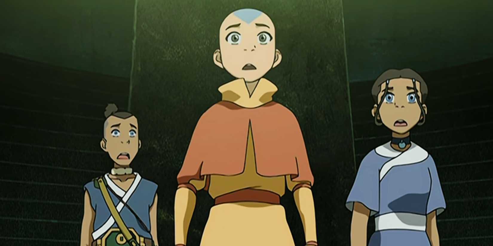 Aang, Katara, and Sokka looking shocked in Avatar: The Last Airbender