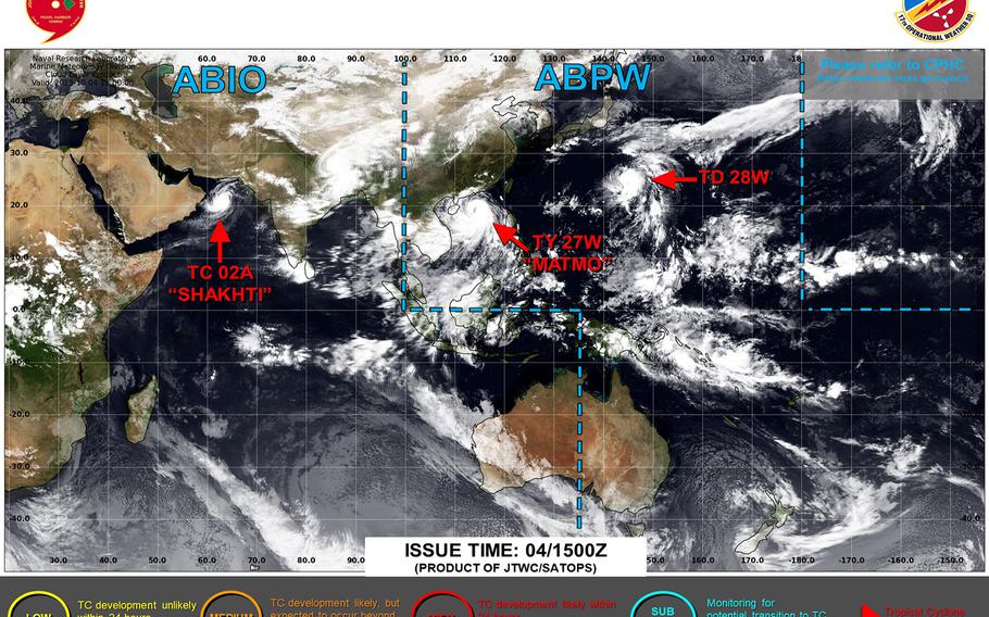 Tropical Depression 28W forms east of Iwo Jima, forecast to venture close to Okinawa by mid-week next.