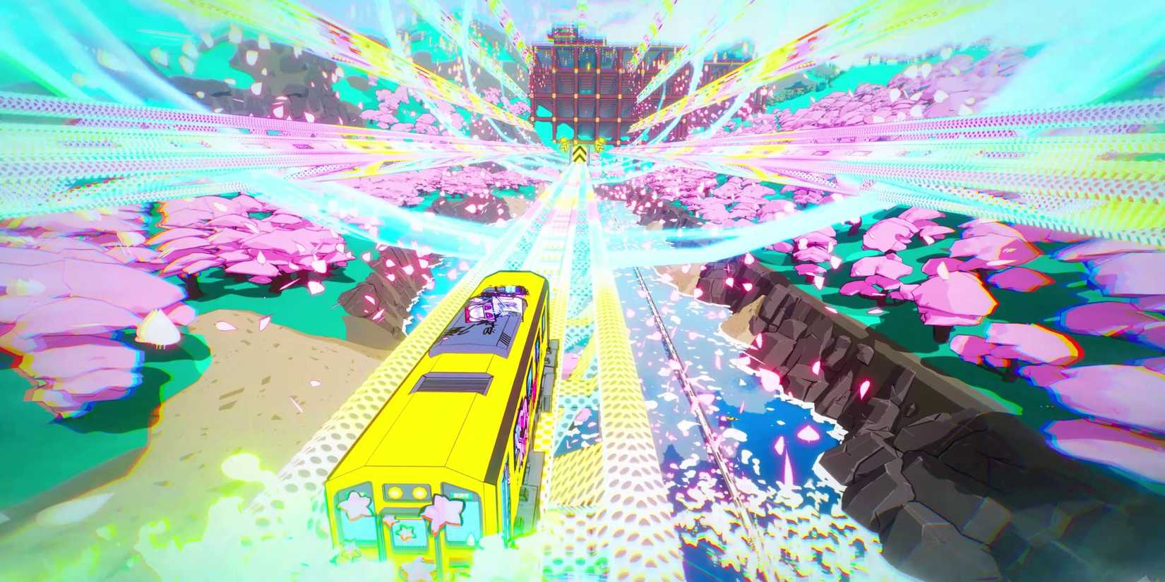 A train flying through a field of flowers in Denshattack.