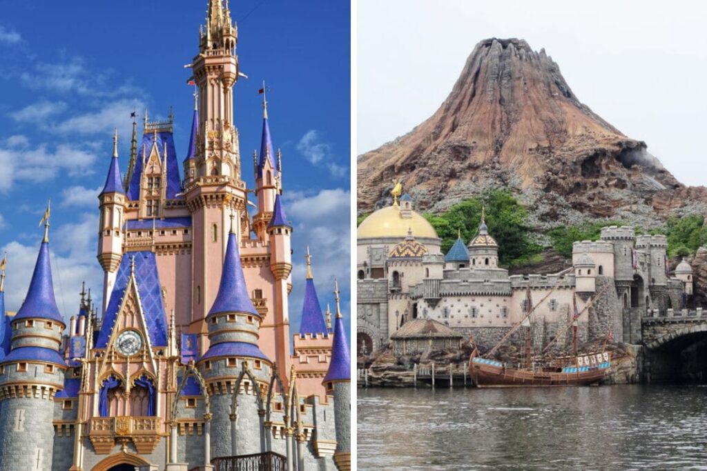 Direct Flights Between Orlando and Tokyo Coming Soon Left: Cinderella Castle in Orlando, pink and blue hues; right: Mount Prometheus volcano and Tokyo DisneySea facades.