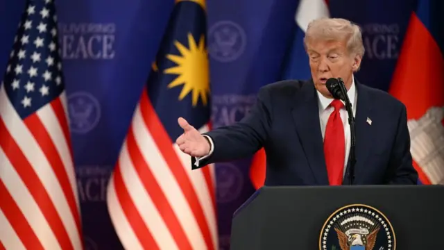 US President Donald Trump speaks ahead of the ceremonial signing of a ceasefire agreement between Thailand and Cambodia