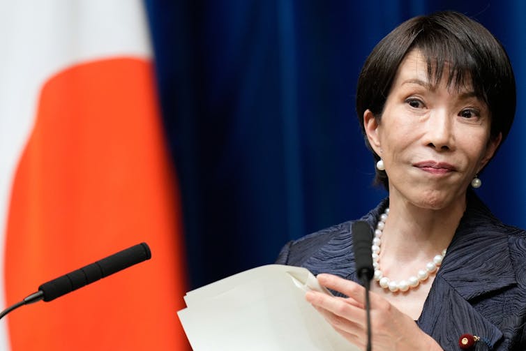 Japan's new prime minister, Sanae Takaichi, at a press conference.