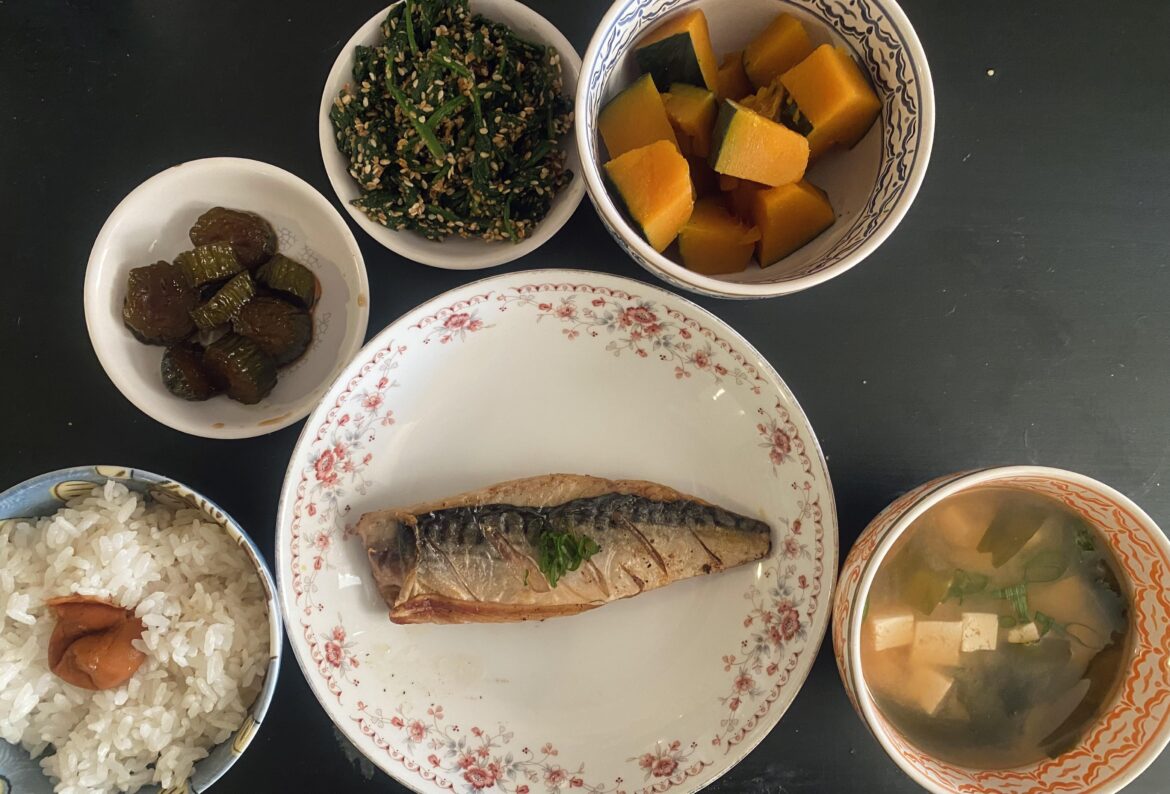 saba shioyaki and simmered kabocha