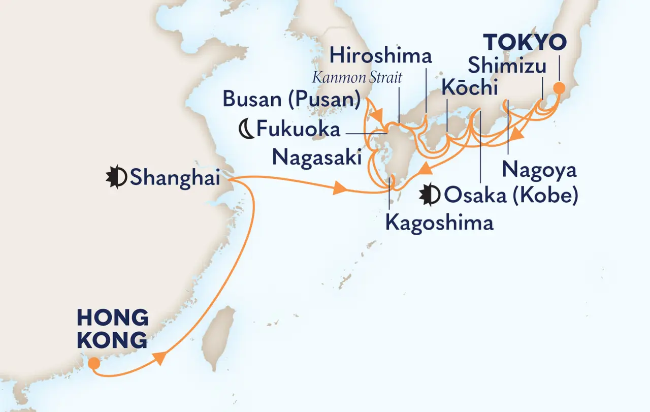 Map showing Holland America Line’s 2027–2028 Asia cruise route connecting Tokyo, Osaka, Nagoya, Hiroshima, Busan, Shanghai, and Hong Kong.