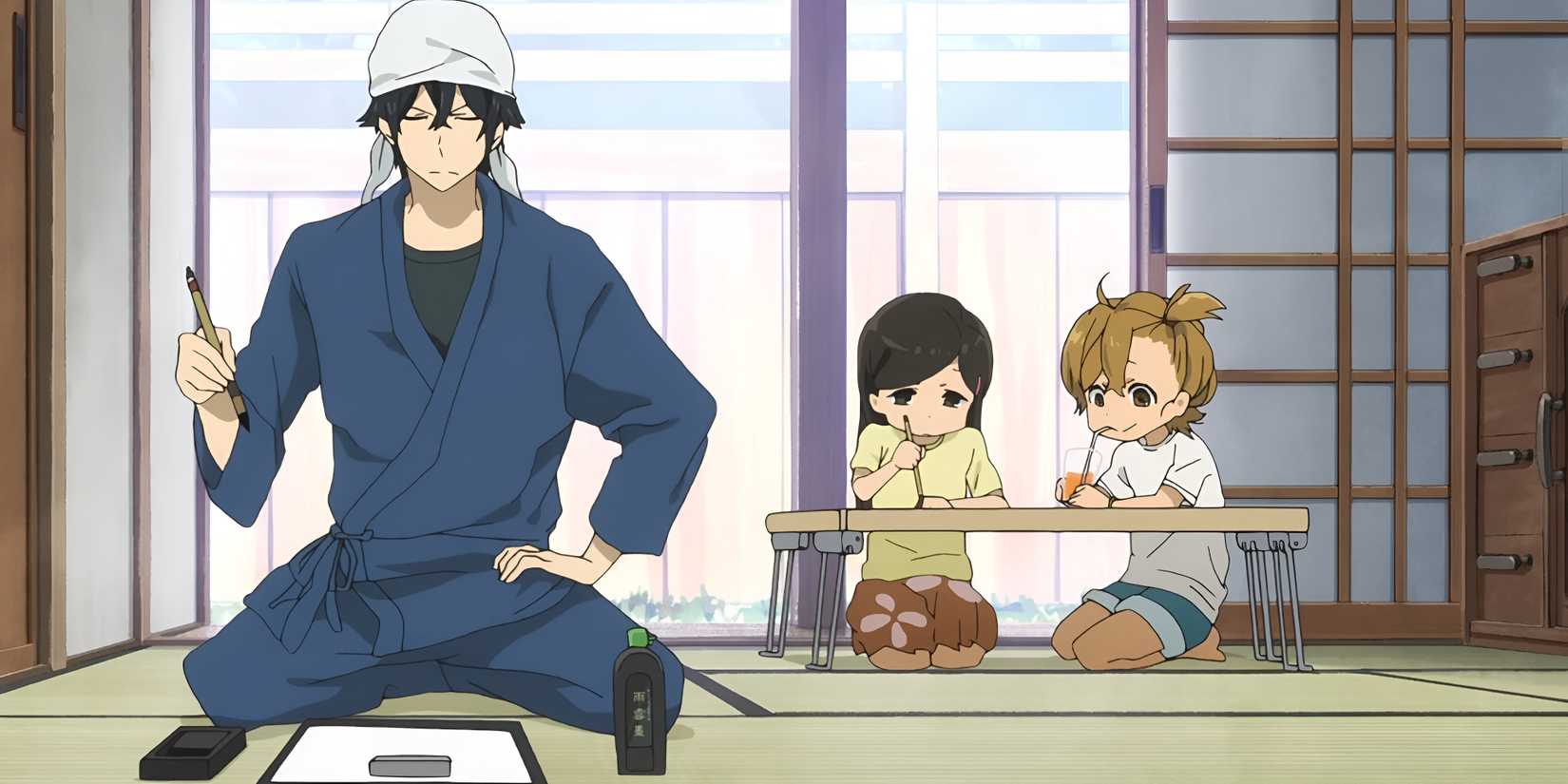 Handa writes while Naru, and Hina plays in Barakamon (1) (1)