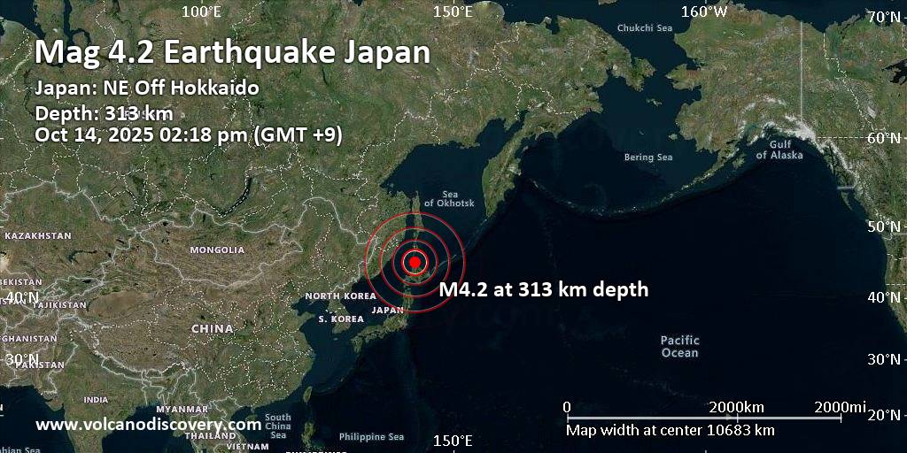 Moderate Mag. 4.2 Earthquake – Sea of Okhotsk, 46 km East of Makubetsu, Hokkaido, Japan, on Tuesday, Oct 14, 2025, at 02:18 pm (GMT +9) Moderate Mag. 4.2 Earthquake - Sea of Okhotsk, 46 km East of Makubetsu, Hokkaido, Japan, on Tuesday, Oct 14, 2025, at 02:18 pm (GMT +9)