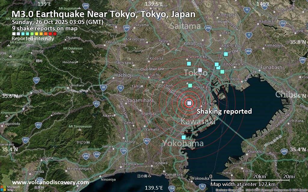 Seismic-like Event, Possible Earthquake, Reported few Minutes ago Near Tokyo, Tokyo, Japan Unconfirmed earthquake or seismic-like event: Near Tokyo, Tokyo, Japan, 3 minutes ago