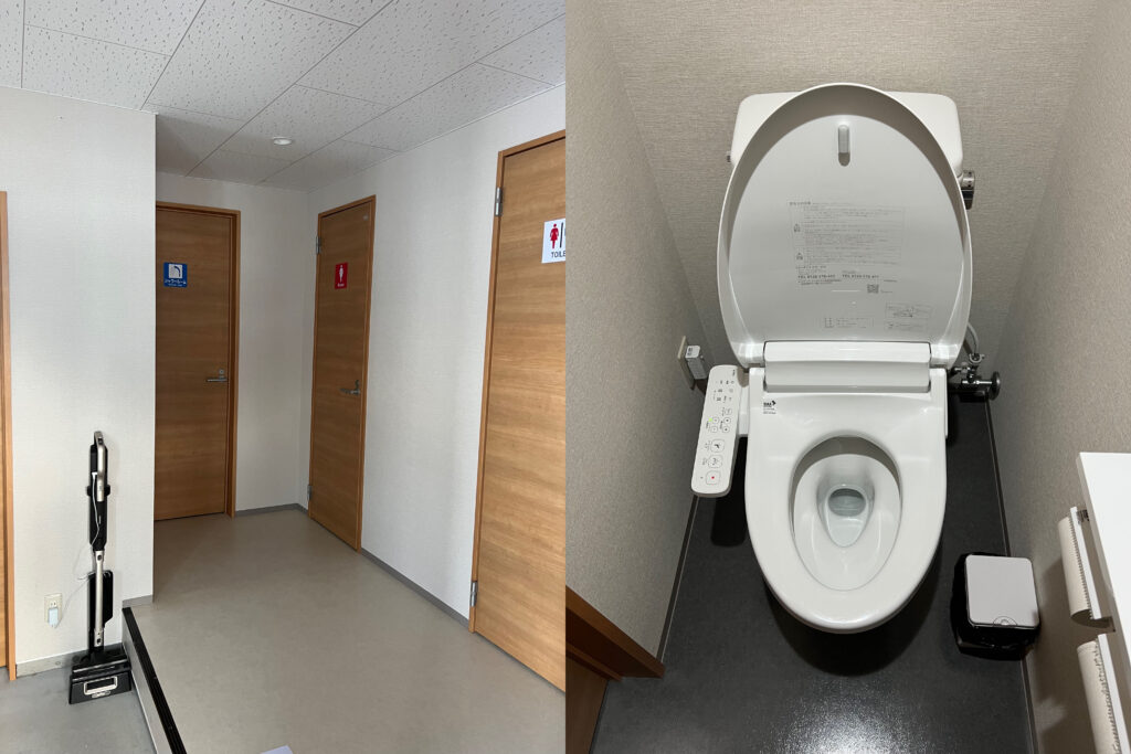 The spotlessly clean showers and toilets at RVパーク白馬 campsite in Happo-One.