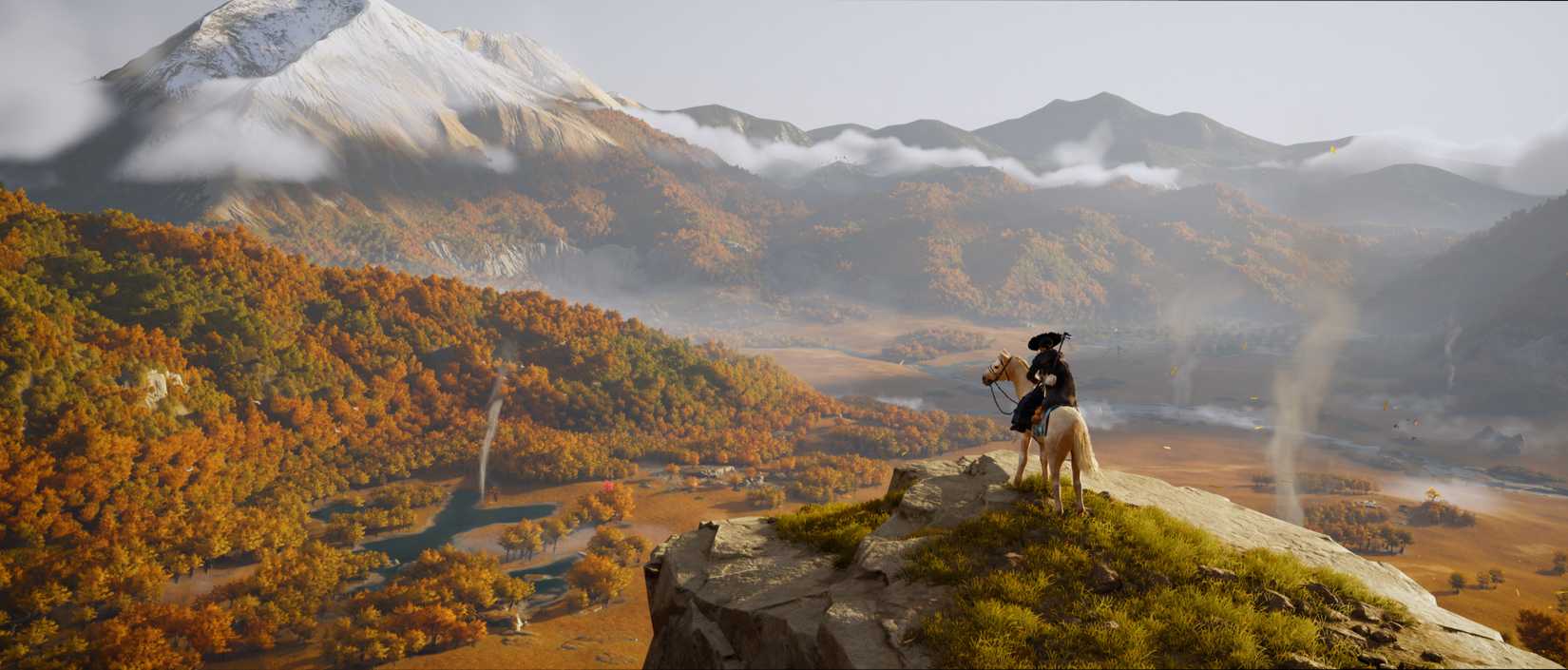 Atzu stands above a tall hill on Ghost of Yotei. 