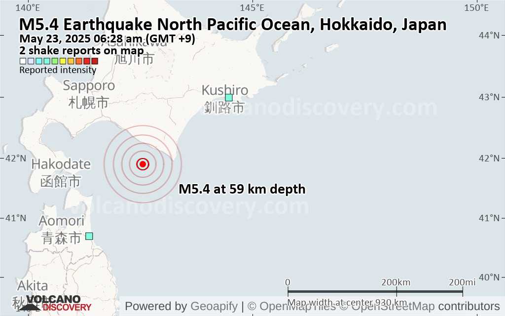 Strong mag. 5.4 Earthquake - North Pacific Ocean, 51 km south of Shizunai-furukawacho, Hokkaido, Japan, on Friday, May 23, 2025, at 06:28 am (GMT +9)