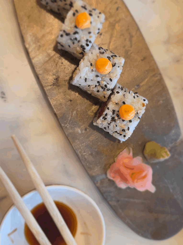 Chicken katsu sushi & prawn noodles for lunch with friends.