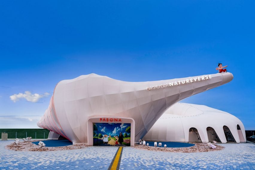 View towards entrance of the Pasona Natureverse Pavilion by The Design Labo