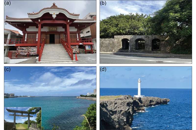 Historical sites: (a) Shuri Kannondo, (b) Sogen-ji, (c) Miegusuku, and (d) Zampa on Okinawa Island, where 18th-century Ryukyuan voyagers prayed for safe ocean conditions and utilized monsoonal winds for their travels from Okinawa Island to Kyushu, Japan, as recorded in the pair of songs analyzed in the study. Credit: Higa, et al., 2025 Traditional Okinawan songs rich with indigenous knowledge of climate and geology