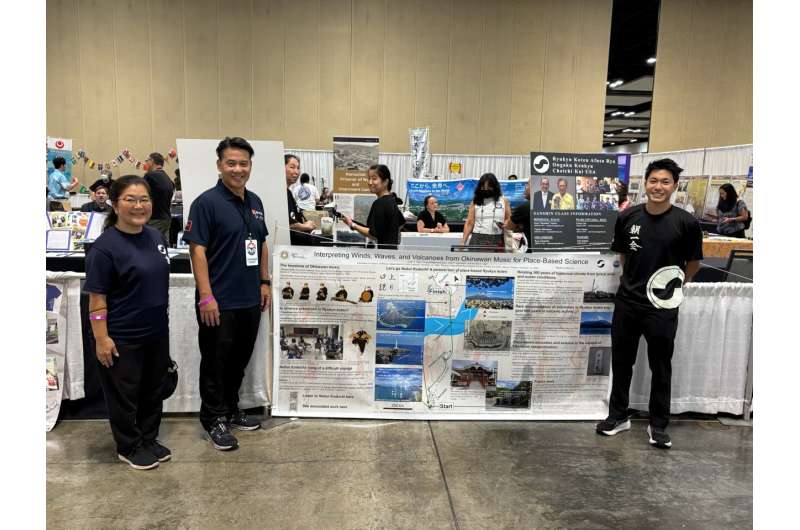 Study authors with their poster at the 2025 Okinawan Festival. Credit: Justin Higa, UH Mānoa/ SOEST Traditional Okinawan songs rich with indigenous knowledge of climate and geology