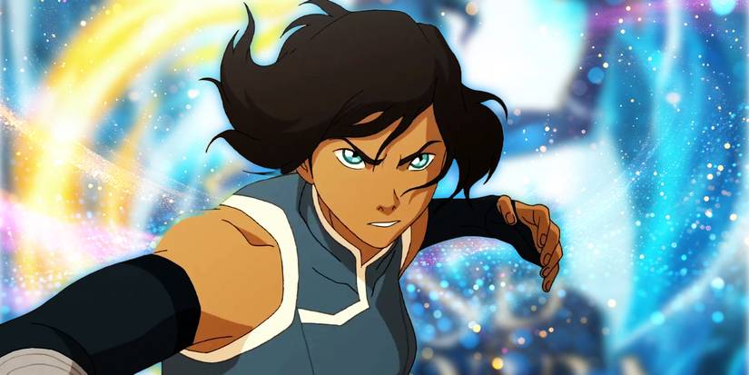 A cutout of Korra in The Legend of Korra against another photo of Korra with multicolored sparkles.