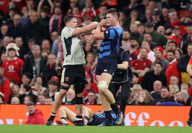 Alex Mann of Wales tussles with Harry Hockings of Japan