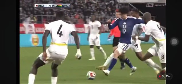 The unfortunate incident came as Francis (No 19) attempted to block Ao Tanaka's (No 17) shot