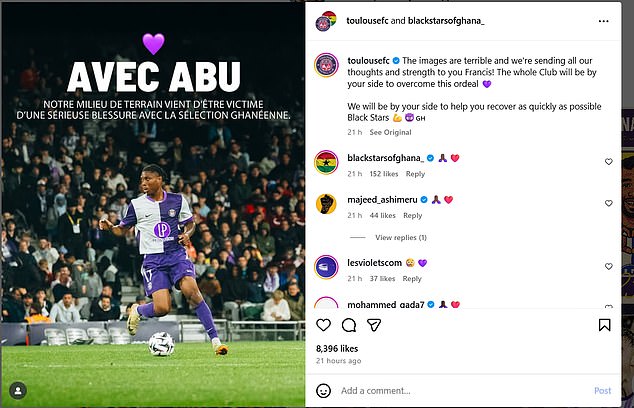 Francis' club Toulouse sent a heartfelt message to their midfielder on social media