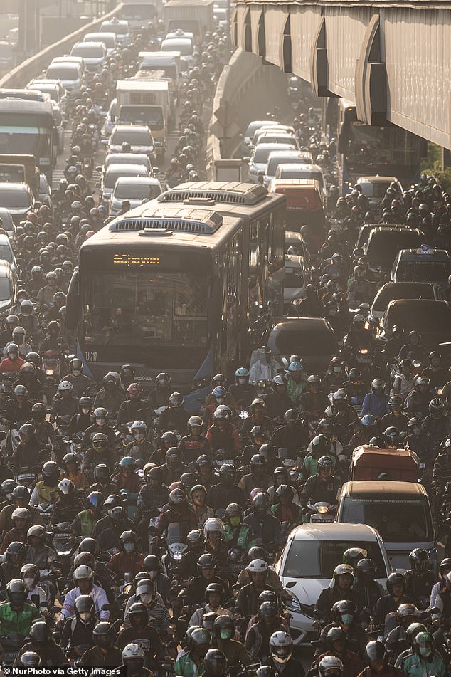 Heavy traffic during the morning commute in Jakarta, Indonesia, on February 27, 2024