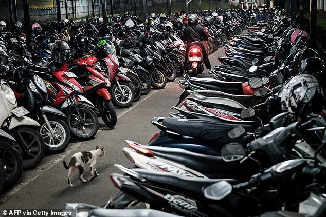 Commuters' scooters are parked at a train station in Tangerang, Greater Jakarta, on July 22, 2025