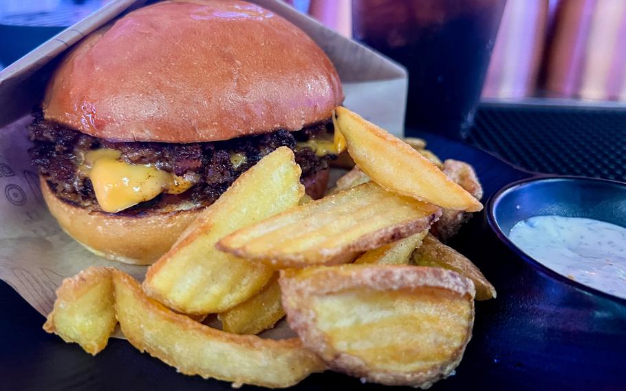 A smash classic combo served at Lifeform, a veteran-owned, space-themed, gamer-oriented burger restaurant in Chatan, Okinawa.