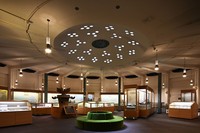 The top floor of the round library section, now serving as a permanent exhibition room for a museum, is seen on Kansai University's Senriyama Campus in Suita, Osaka Prefecture, Sept. 29, 2025. The ceiling features numerous skylights that let in natural light. (Mainichi/Tsutomu Koseki)