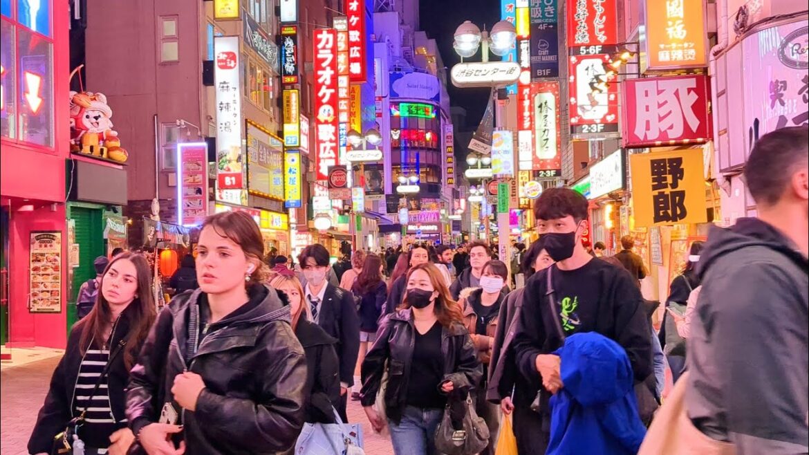 Shibuya Autumn Night View & walking tour. Tokyo, Japan.