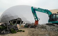 Demolition work is underway at the Electric Power Pavilion in Osaka's Konohana Ward, as seen on Nov. 13, 2025. (Mainichi/Takashi Murata)    