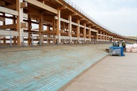 Lawn removal work is underway beneath the Grand Ring, as seen in Osaka's Konohana Ward on Nov. 13, 2025. (Mainichi/Takashi Murata)