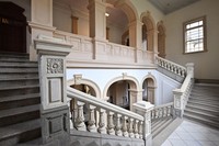The grand staircase features marble railings adorned with intricate carvings, as seen in the former main building of the Kyoto Prefectural Government in the city of Kyoto's Kamigyo Ward, Aug. 9, 2023. (Mainichi/Ai Kawahira)