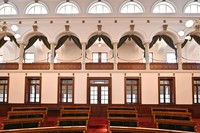 The assembly hall of the Kyoto Prefectural Government's former main building boasts beautiful arched lines and decorations as seen in the city of Kyoto's Kamigyo Ward, Aug. 14, 2023. The second floor serves as a gallery for observers. (Mainichi/Ai Kawahira)