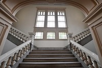 The grand staircase features marble railings adorned with intricate carvings, as seen in the former main building of the Kyoto Prefectural Government in the city of Kyoto's Kamigyo Ward, Aug. 7, 2023. (Mainichi/Ai Kawahira)
